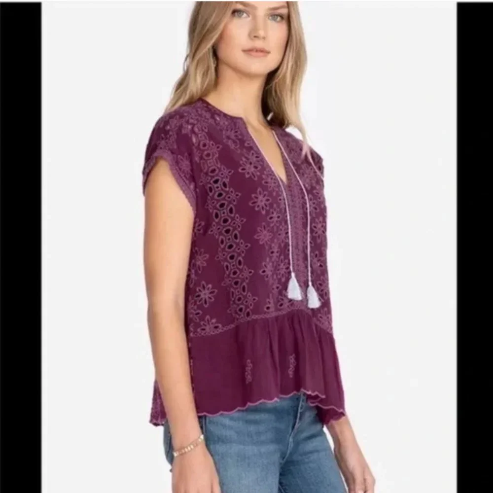 Johnny Was Leith Bohemian Eyelet Top Purple XS - Picture 3 of 16